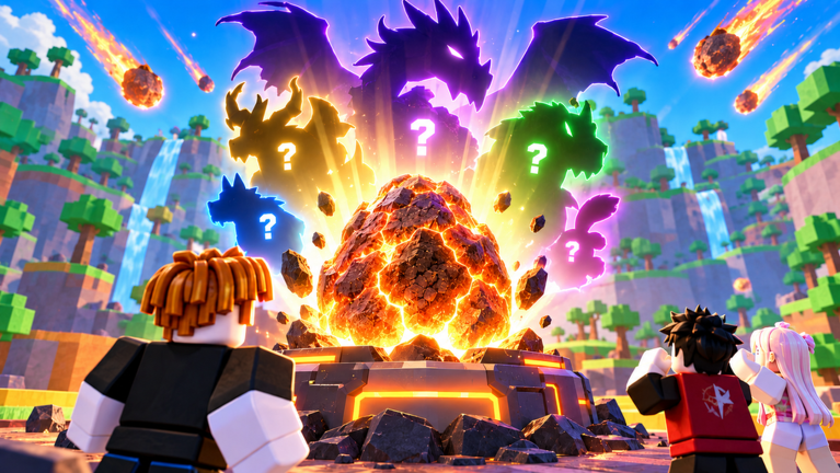 Hatch a Meteor banner: a glowing meteor reveals mysterious creatures above a group of Roblox players.